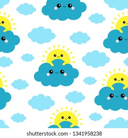 Seamless Pattern. Sun holding blue cloud in the sky. Cute cartoon kawaii funny smiling baby character set. Wrapping paper, textile print template Nursery decoration White background Flat design Vector