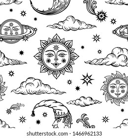 Seamless pattern of the sun with a human face, the month with a beard in a nightcap, stars, clouds, comets, and Saturn. Background with sun, the month and the stars in the old style, graphic print.