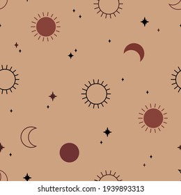 Seamless pattern with sun and moon. Boho wall decor. Texture for print, textile, packaging.