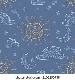 Seamless pattern with the sun, moon, comet, stars and clouds drawn by hand.