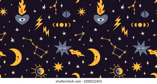 Seamless pattern with Sun and moon, constellations, phases of the moon, cartoon style. Space and astrological theme, zodiac. Trendy modern vector illustration, hand drawn, flat design.