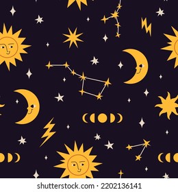 Seamless pattern with Sun and moon, constellations, phases of the moon, cartoon style. Space and astrological theme, zodiac. Trendy modern vector illustration, hand drawn, flat design.
