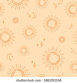 Seamless pattern with sun and moon. Contemporary composition. Boho wall decor. Mid century art print. Trendy texture for print, textile, packaging, giftware