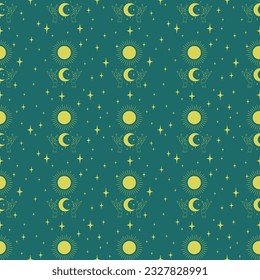 Seamless pattern of sun and moon in hands. Astrology and sacred art on green background.