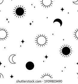 Seamless pattern with sun and moon. Monochrome vector illustration. Texture for print, textile, packaging.