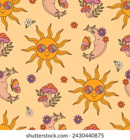 seamless pattern with Sun, Moon, mushrooms