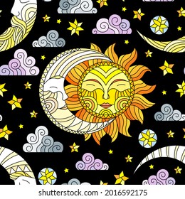 Seamless pattern with sun and moon on a dark dark sky background with stars and clouds