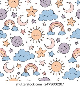Patrón sin fisuras con sol, luna, planetas, estrellas, arco iris y nubes. Ilustración vectorial dibujada a mano Textura linda para el estampado, textil, tela.