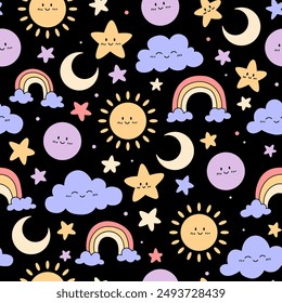 Seamless pattern with sun, moon, planets, stars, rainbow and clouds on dark background. Hand drawn vector illustration. Cute texture for print, textile, fabric.