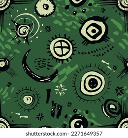 Seamless pattern, sun and moon in primitive technique