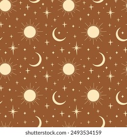 Seamless pattern with sun and moon. retro boho style