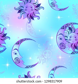 Seamless pattern. Sun moon and stars. Space background. Night sky. A magical fairy backdrop. Vector.