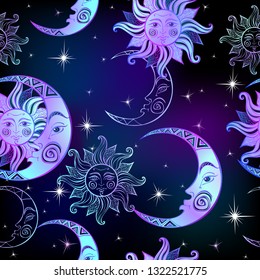 Seamless pattern. Sun moon and stars. Space background. Night sky. A magical fairy backdrop. Vector.