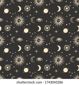 seamless pattern with sun, moon, stars and solar system