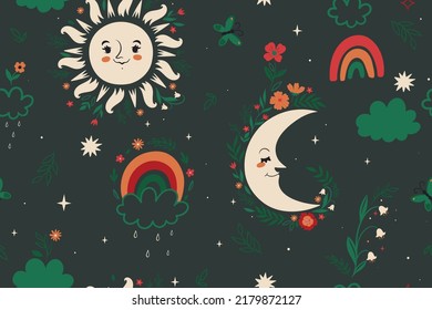 Seamless pattern with sun, moon, stars, rainbows and flowers. Vector graphics.