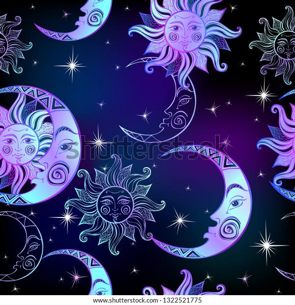 シームレスなパターン 太陽の月と星 空間の背景 夜空 魔法の妖精の背景 ベクター画像 のベクター画像素材 ロイヤリティフリー