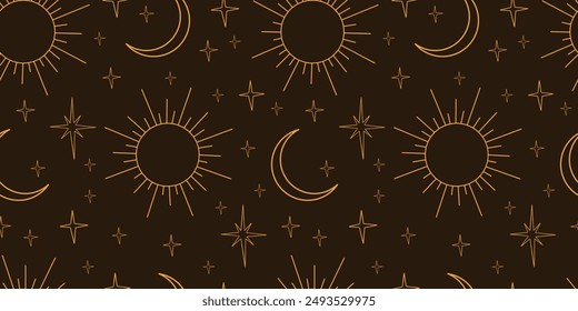 Seamless pattern with sun and moon. Trendy texture in boho style