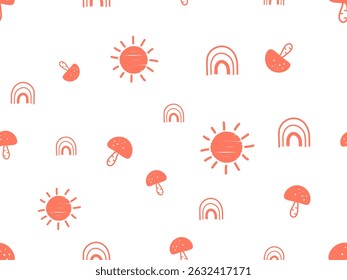 Seamless pattern with sun, mushroom and rainbows on white background vector.