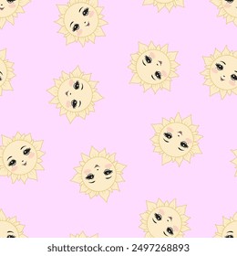 Seamless pattern with a sun on a pink background. A children's pattern.