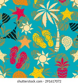 Seamless pattern with sun, palm tree, pineapple, flip flop sandals, sea shell, bikini, swimsuits, starfish. Repeating summer print, background texture 