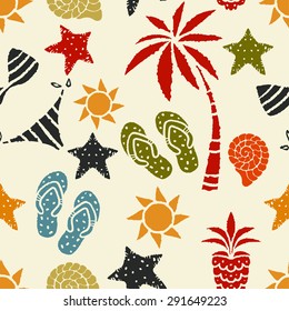 Seamless pattern with sun, palm tree, pineapple, flip flop sandals, sea shell, bikini, swimsuits, starfish. Repeating summer print, background texture 