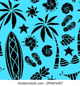 Seamless pattern with sun, palm tree, surfboards, pineapple, flip flop sandals, sea shell, bikini, swimsuits, starfish. Repeating summer print, background texture 