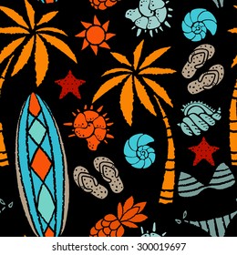 Seamless pattern with sun, palm tree, surfboards, pineapple, flip flop sandals, sea shell, bikini, swimsuits, starfish. Repeating summer print, background texture 