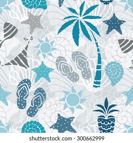 Seamless pattern with sun, palm tree, pineapple, flip flop sandals, sea shell, bikini, swimsuits, starfish. Repeating summer print, background texture 