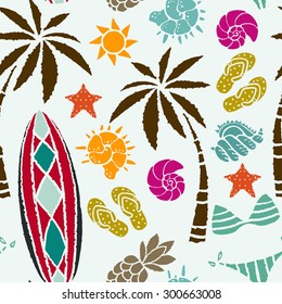 Seamless pattern with sun, palm tree, surfboards, pineapple, flip flop sandals, sea shell, bikini, swimsuits, starfish. Repeating summer print, background texture 