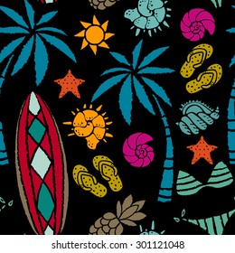 Seamless pattern with sun, palm tree, surfboards, pineapple, flip flop sandals, sea shell, bikini, swimsuits, starfish. Repeating summer print, background texture 