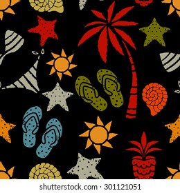 Seamless pattern with sun, palm tree, pineapple, flip flop sandals, sea shell, bikini, swimsuits, starfish. Repeating summer print, background texture 