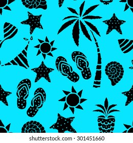 Seamless pattern with sun, palm tree, pineapple, flip flop sandals, sea shell, bikini, swimsuits, starfish. Repeating summer print, background texture 