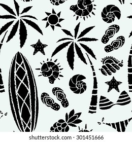 Seamless pattern with sun, palm tree, surfboards, pineapple, flip flop sandals, sea shell, bikini, swimsuits, starfish. Repeating summer print, background texture 