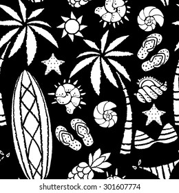 Seamless pattern with sun, palm tree, surfboards, pineapple, flip flop sandals, sea shell, bikini, swimsuits, starfish. Repeating summer print, background texture 