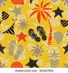 Seamless pattern with sun, palm tree, pineapple, flip flop sandals, sea shell, bikini, swimsuits, starfish. Repeating summer print, background texture 