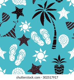 Seamless pattern with sun, palm tree, pineapple, flip flop sandals, sea shell, bikini, swimsuits, starfish. Repeating summer print, background texture 