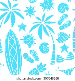 Seamless pattern with sun, palm tree, surfboards, pineapple, flip flop sandals, sea shell, bikini, swimsuits, starfish. Repeating summer print, background texture 