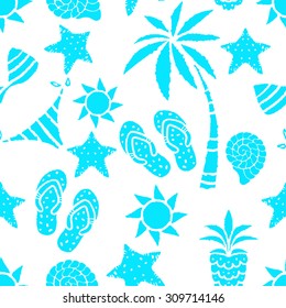 Seamless pattern with sun, palm tree, pineapple, flip flop sandals, sea shell, bikini, swimsuits, starfish. Repeating summer print, background texture 