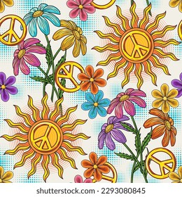 Seamless pattern with sun, peace sign, chamomile flower, halftone shapes. Groovy, hippie style. Peaceful, summer illustration. Good for apparel, fabric, textile