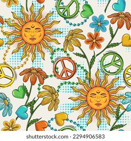 Seamless pattern with sun, peace sign, chamomile flower, hearts, beads and halftone shapes. Groovy, hippie style. Peaceful, summer illustration. Good for apparel, fabric, textile design