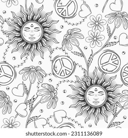 Seamless pattern with sun, peace sign, chamomile flower, hearts, beads. Groovy, hippie style. Peaceful, summer illustration. Good for apparel, fabric, textile design