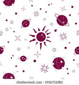 Seamless pattern with the sun, planet and stars on a white background in cartoon style, vector illustration.