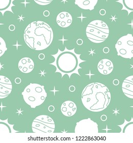 Seamless pattern with sun, planets, stars. Space exploration. Astronomy. Science