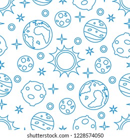 Seamless pattern with sun, planets, stars. Space exploration. Astronomy. Science