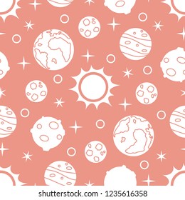 Seamless pattern with sun, planets, stars. Space exploration. Astronomy. Science