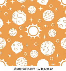 Seamless pattern with sun, planets, stars. Space exploration. Astronomy. Science