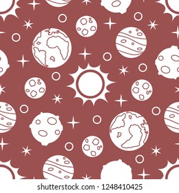 Seamless pattern with sun, planets, stars. Space exploration. Astronomy. Science
