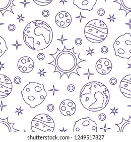Seamless pattern with sun, planets, stars. Space exploration. Astronomy. Science