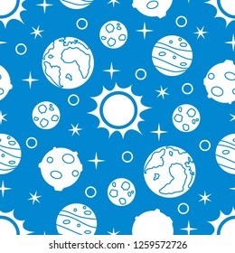 Seamless pattern with sun, planets, stars. Space exploration. Astronomy. Science