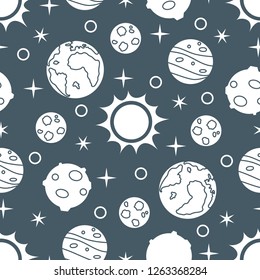 Seamless pattern with sun, planets, stars. Space exploration. Astronomy. Science